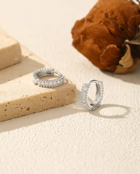 Moissanite beaded huggie hoop earrings in 925 sterling silver, 12 mm