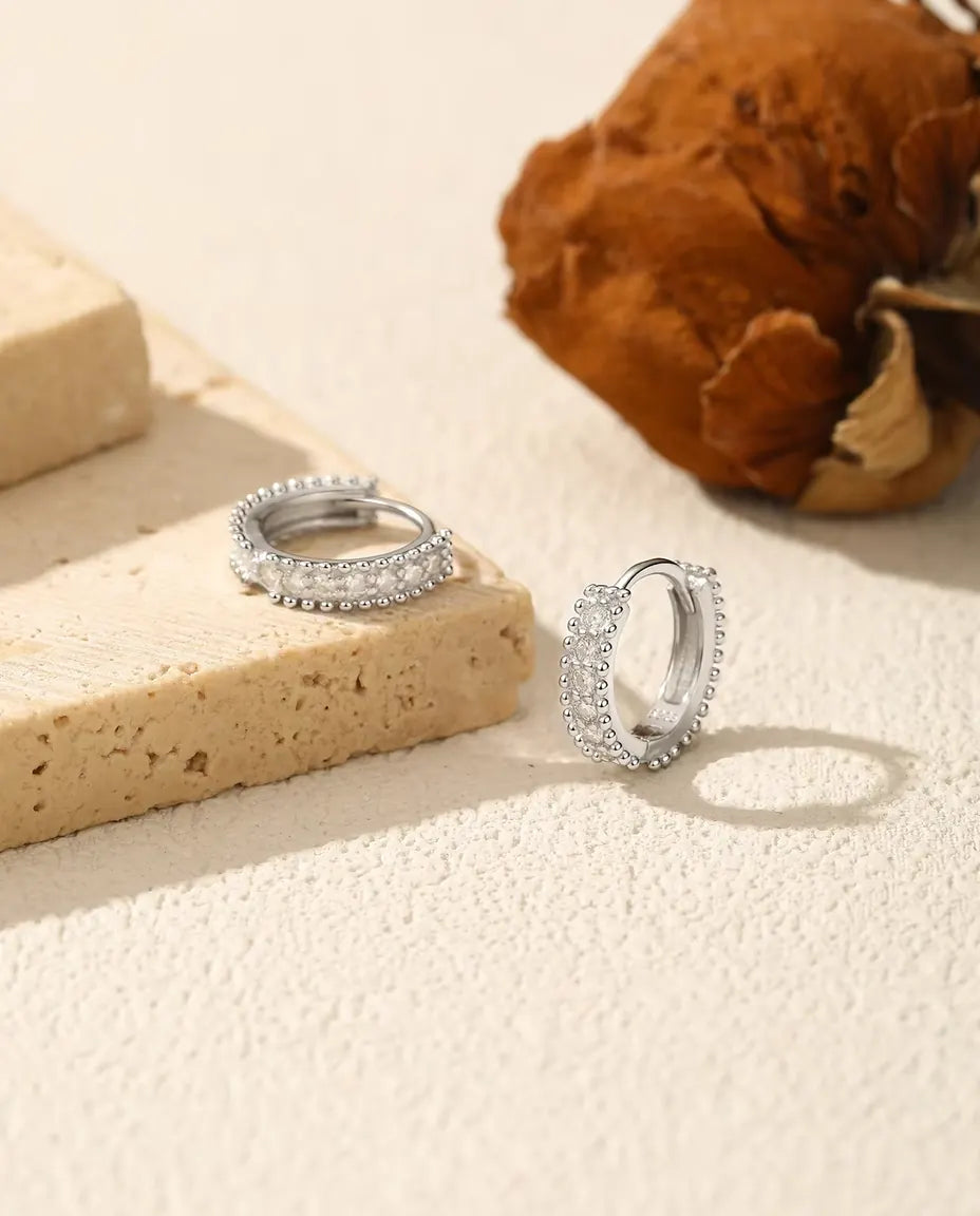 Moissanite beaded huggie hoop earrings in 925 sterling silver, 12 mm