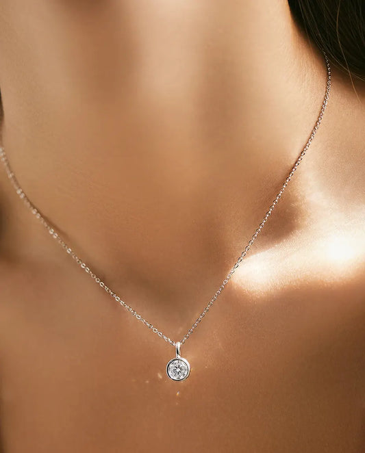 Moissanite Bezel Necklace – 1ct D Colour VVS1 Round Pendant in 925 Sterling Silver, Minimalist