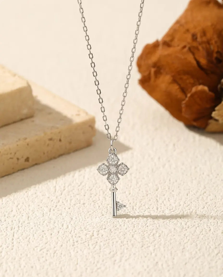 Moissanite clover key pendant necklace in 925 sterling silver
