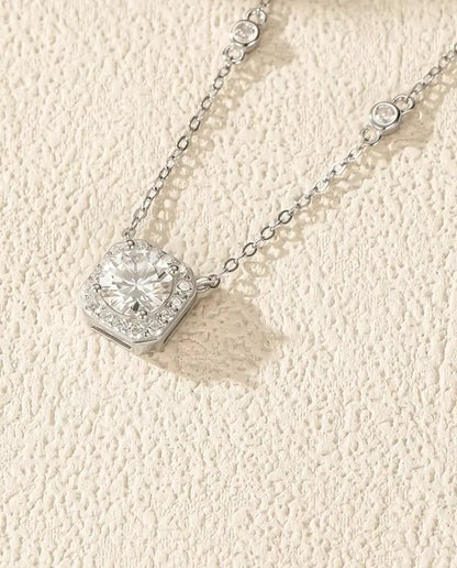 1 carat moissanite cushion halo pendant necklace in 925 sterling silver with zirconia station chain