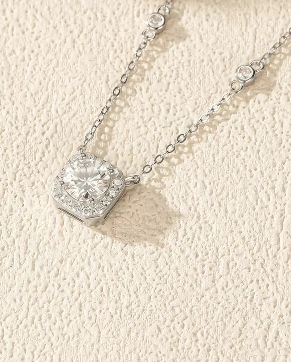 1 carat moissanite cushion halo pendant necklace in 925 sterling silver with zirconia station chain