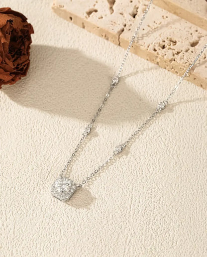 1 carat moissanite cushion halo pendant necklace in 925 sterling silver with zirconia station chain