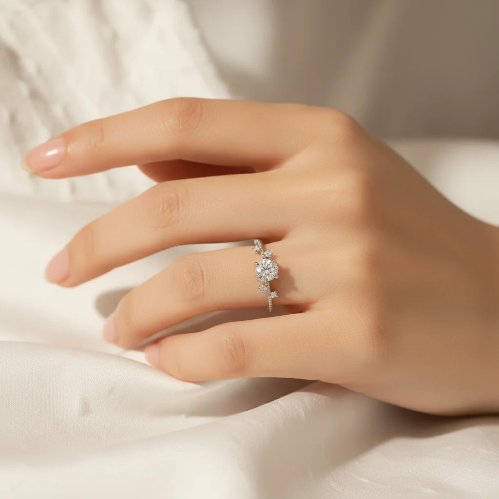 Moissanite Engagement Ring, 1.00 Carat, 925 Sterling Silver, Flower Six Claws Setting