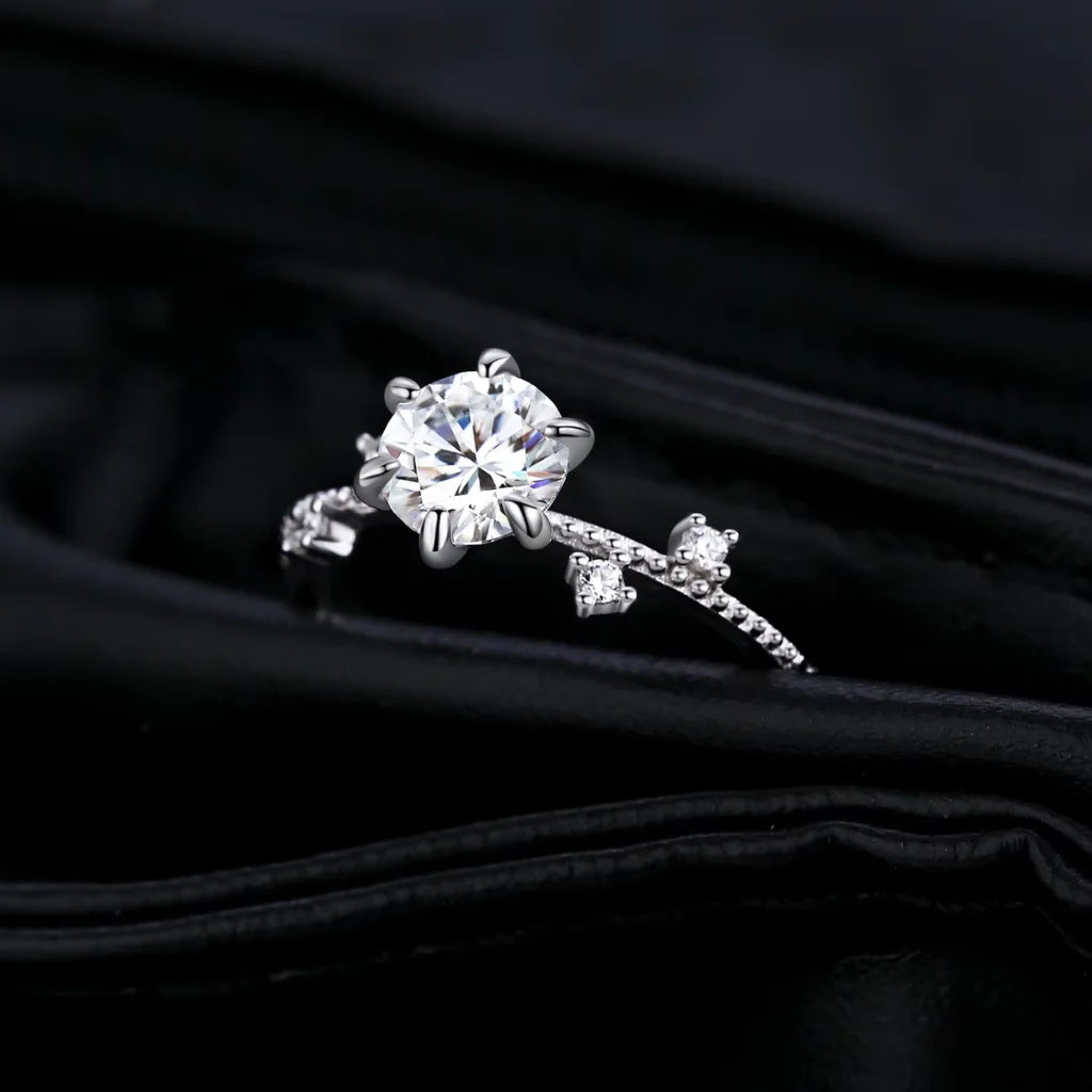 Moissanite Engagement Ring, 1.00 Carat, 925 Sterling Silver, Flower Six Claws Setting