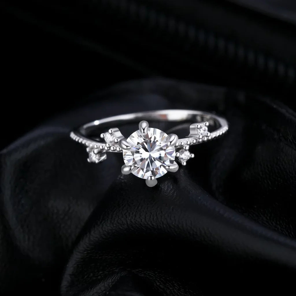 Moissanite Engagement Ring, 1.00 Carat, 925 Sterling Silver, Flower Six Claws Setting