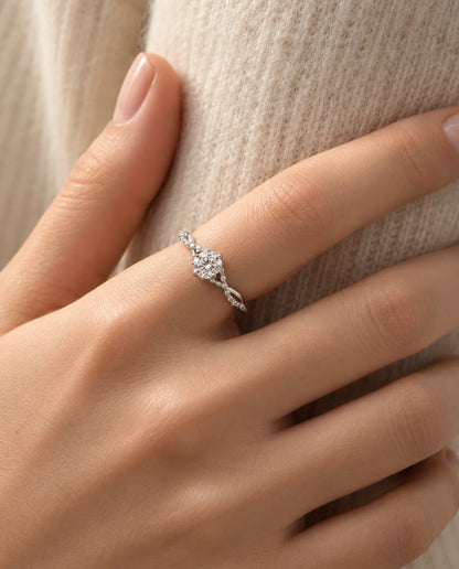 Moissanite Engagement Ring - worn on the hand, close-up