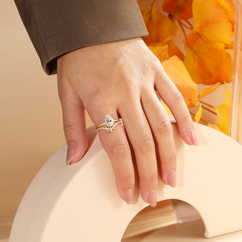 Unique Pear Moissanite Engagement Two Rings Set IfShe UK