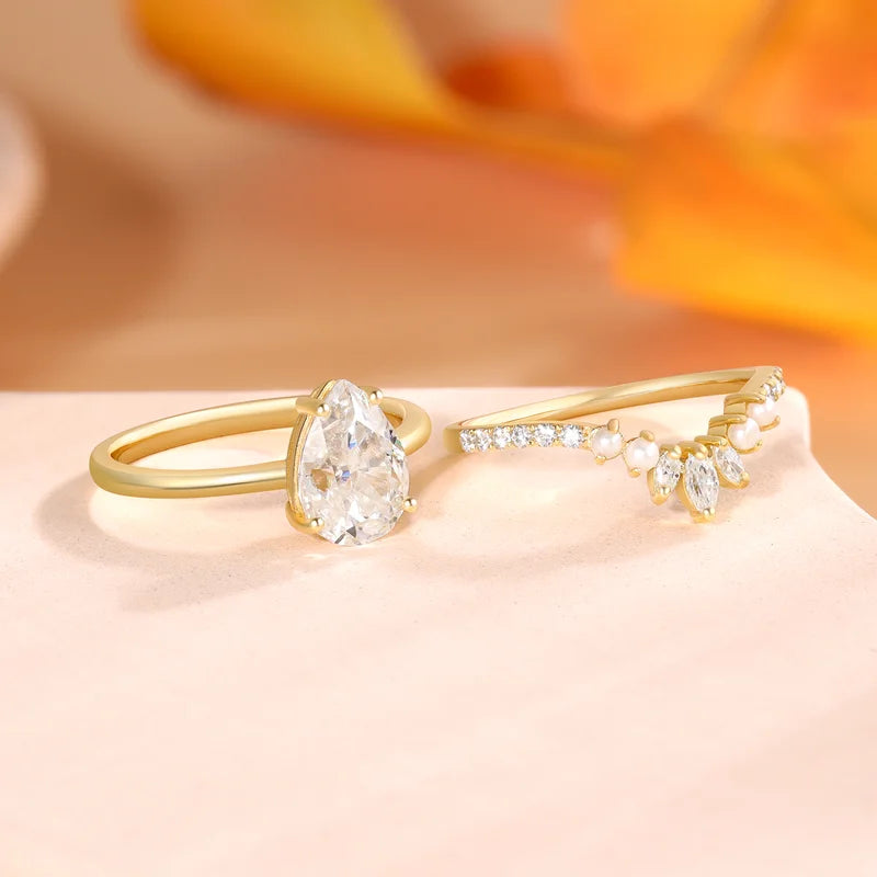 Unique Pear Moissanite Engagement Two Rings Set