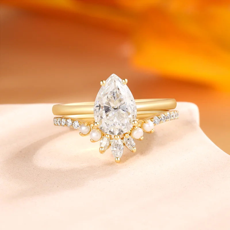 Unique Pear Moissanite Engagement Two Rings Set