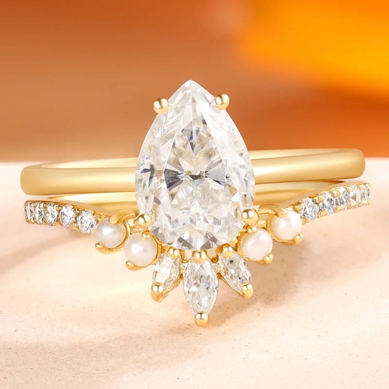 Unique Pear Moissanite Engagement Two Rings Set