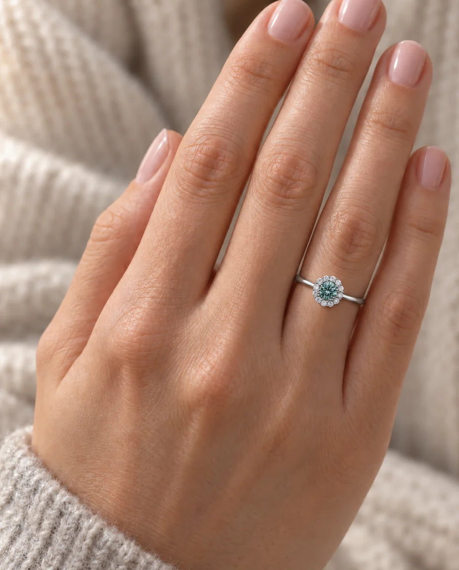 Moissanite Halo Ring - worn on the hand, close-up