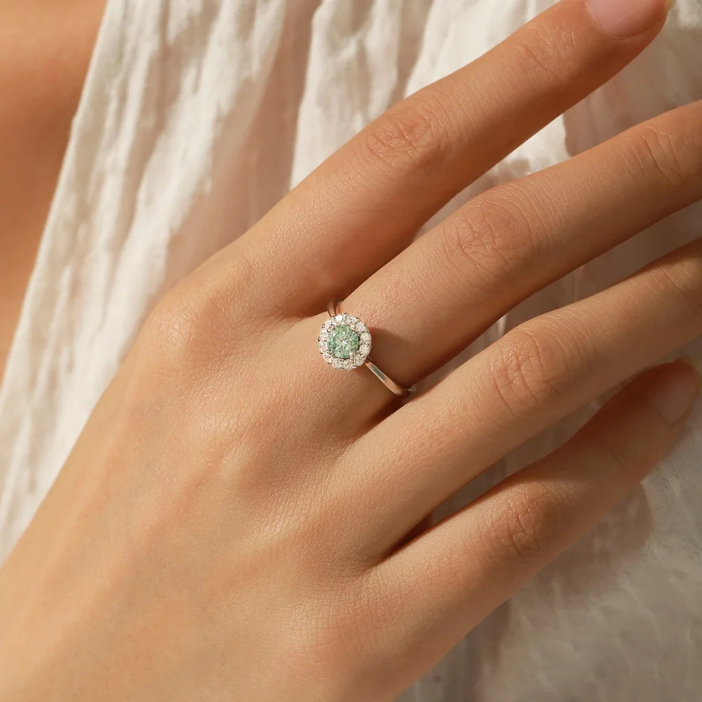 Moissanite Halo Ring - Moissanite Wedding Ring For Women - 0.50Ct - 925 Sterling Silver - Green Teal
