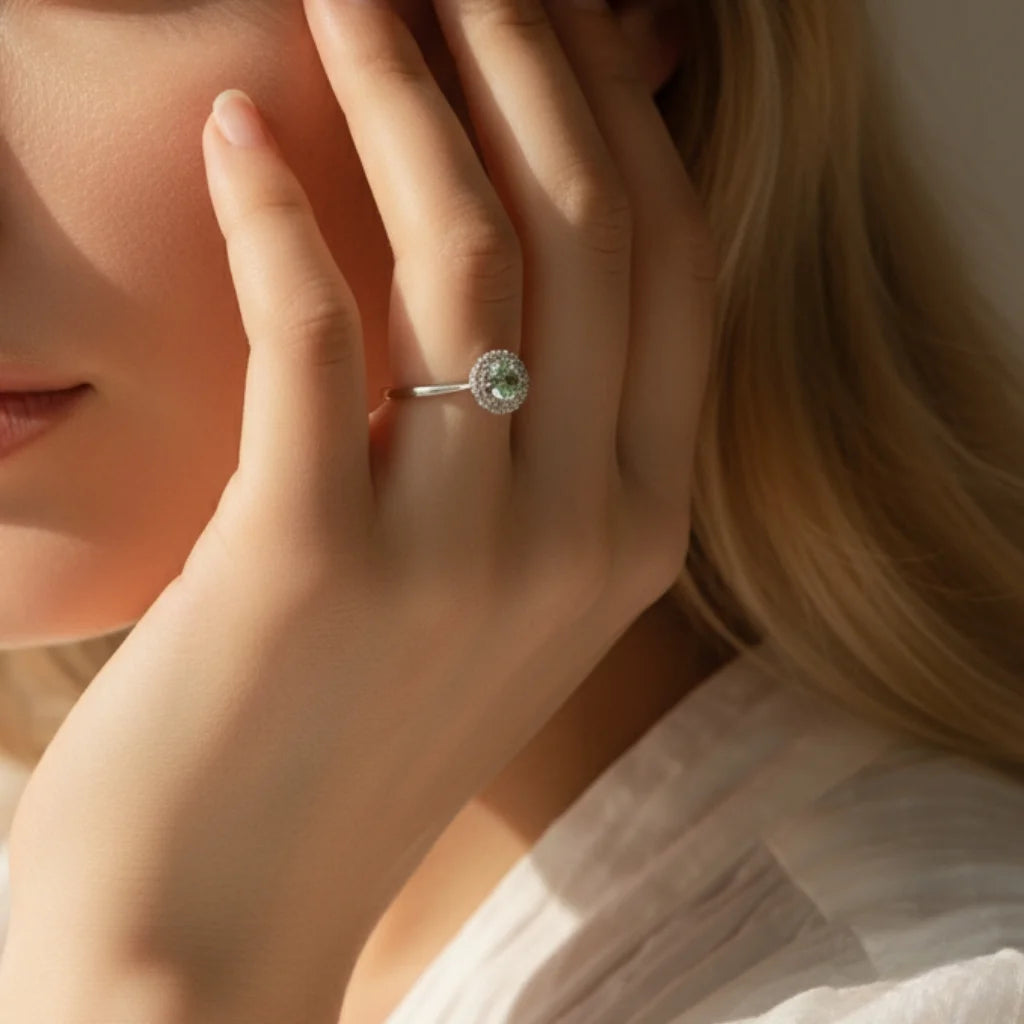 Moissanite Halo Ring - Moissanite Wedding Ring For Women - 0.50Ct - 925 Sterling Silver - Green Teal