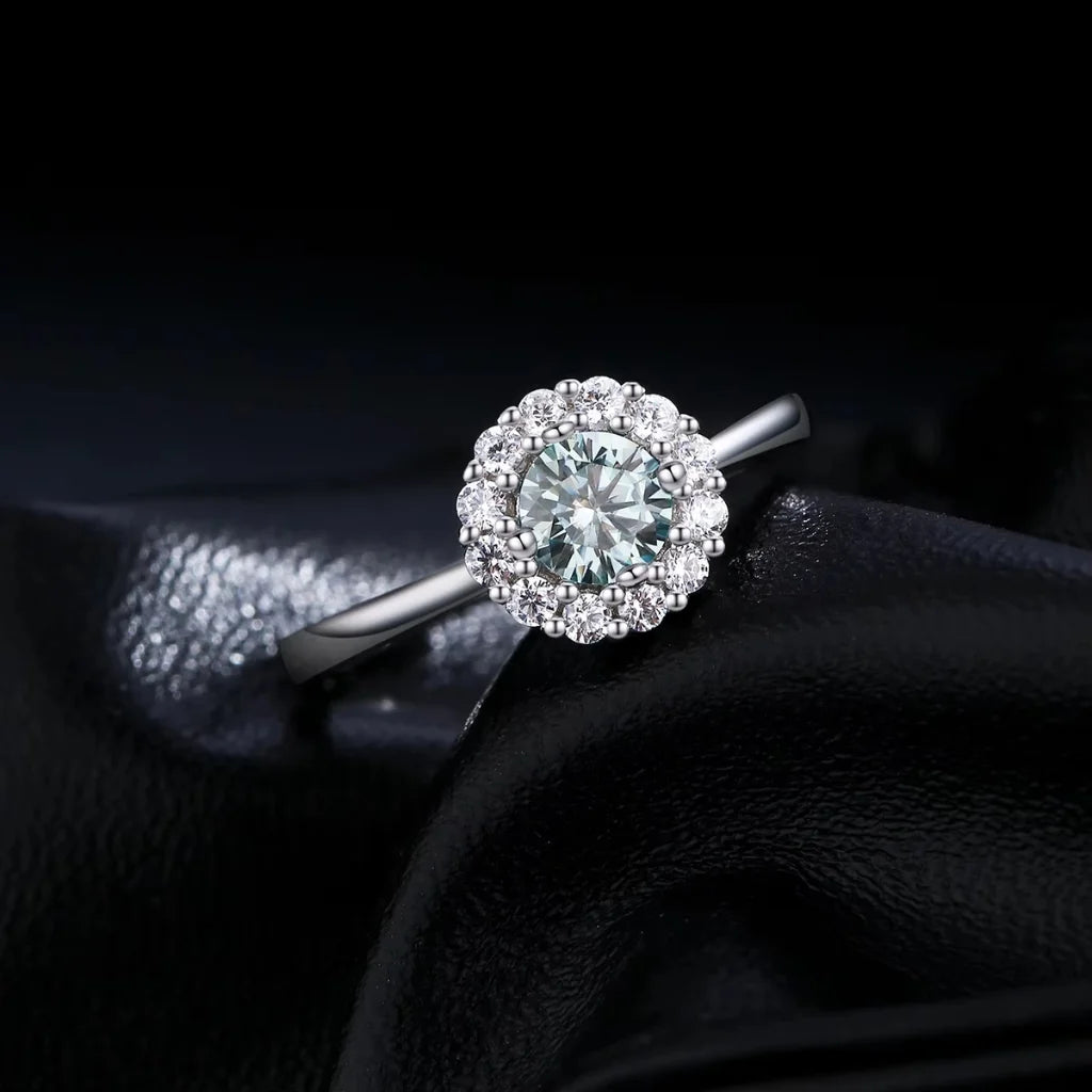 Moissanite Halo Ring - Moissanite Wedding Ring For Women - 0.50Ct - 925 Sterling Silver - Green Teal