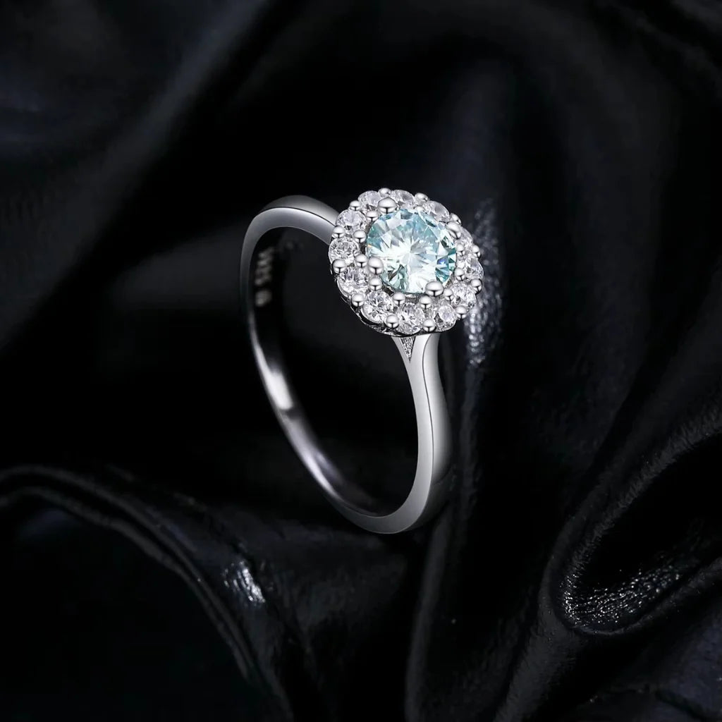 Moissanite Halo Ring - Moissanite Wedding Ring For Women - 0.50Ct - 925 Sterling Silver - Green Teal