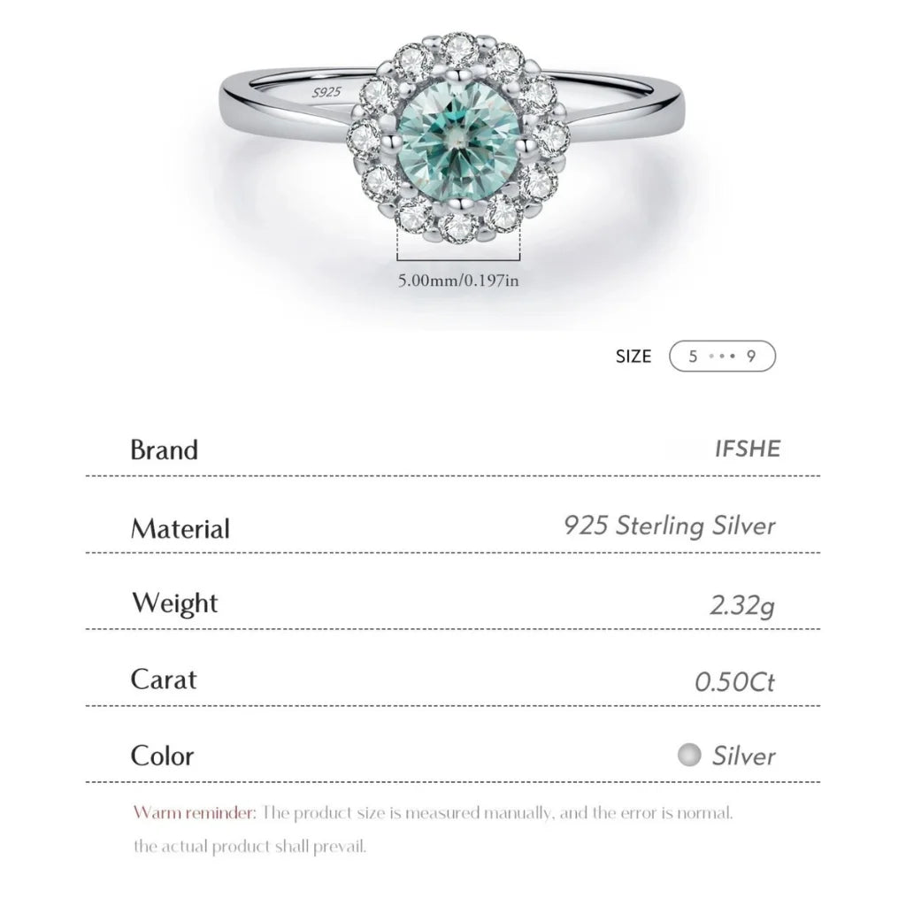 Moissanite Halo Ring - Moissanite Wedding Ring For Women - 0.50Ct - 925 Sterling Silver - Green Teal