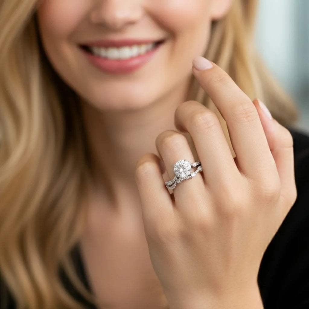 Moissanite Halo Ring with Lab Diamond Crown in 925 Sterling Silver