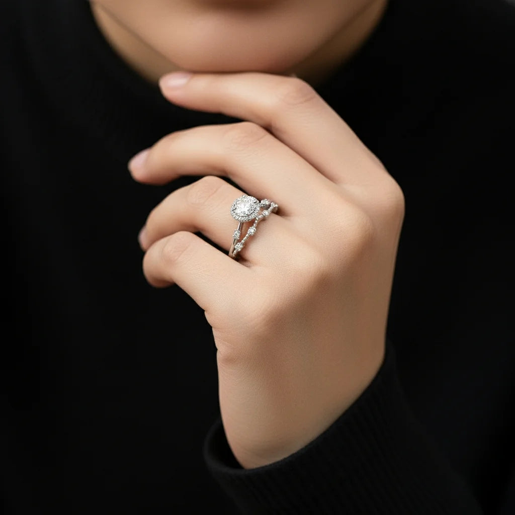 Moissanite Halo Ring with Lab Diamond Crown in 925 Sterling Silver