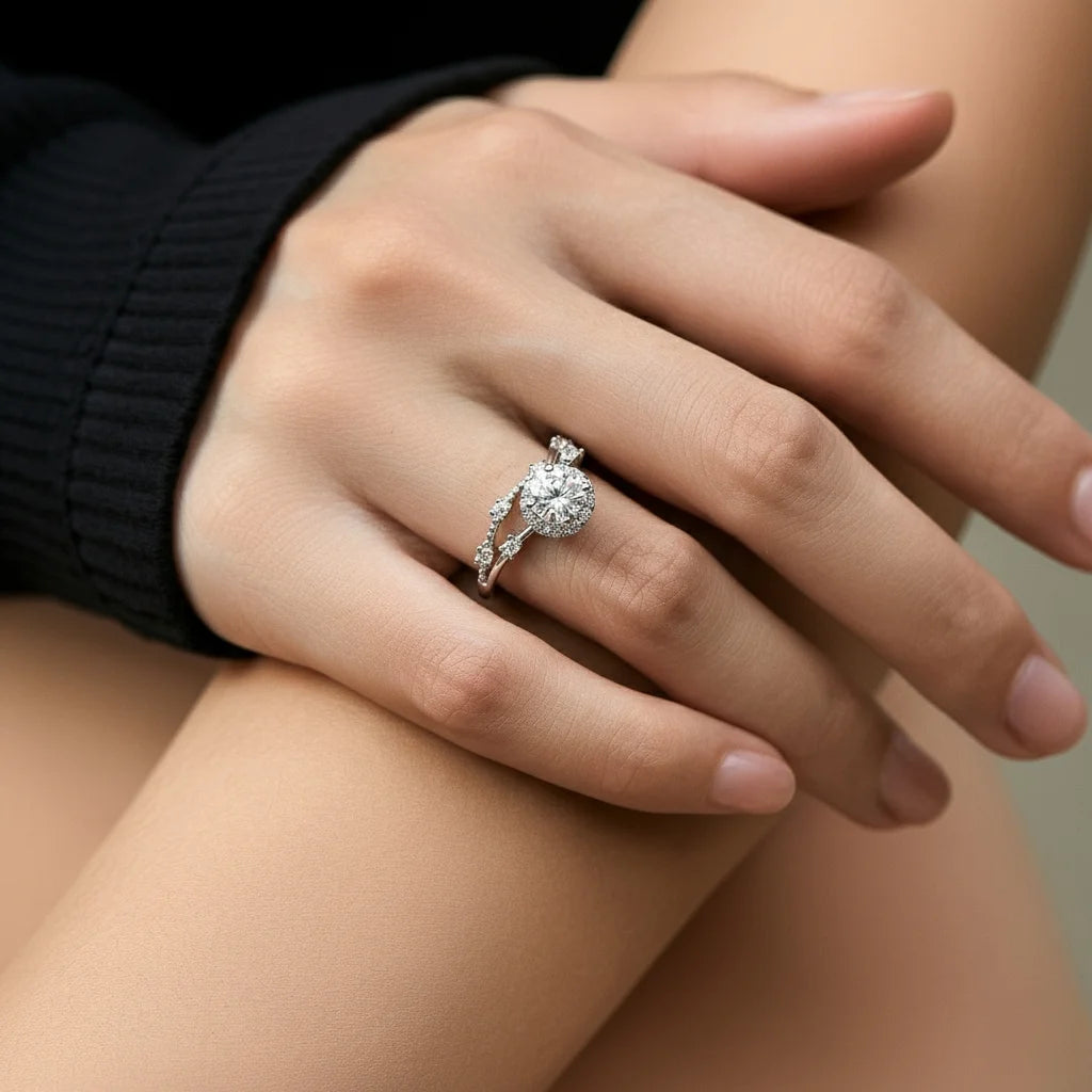 Moissanite Halo Ring with Lab Diamond Crown in 925 Sterling Silver