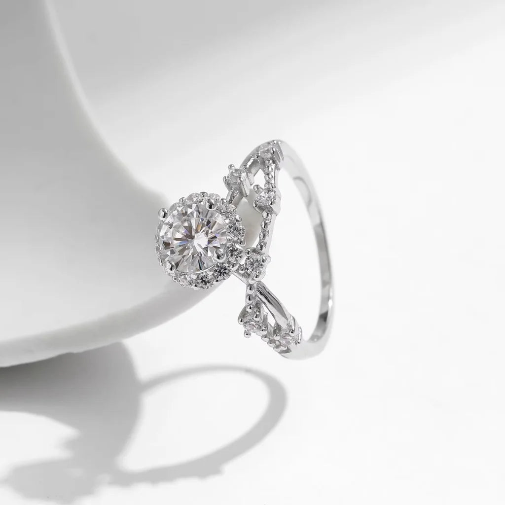 Moissanite Halo Ring with Lab Diamond Crown in 925 Sterling Silver
