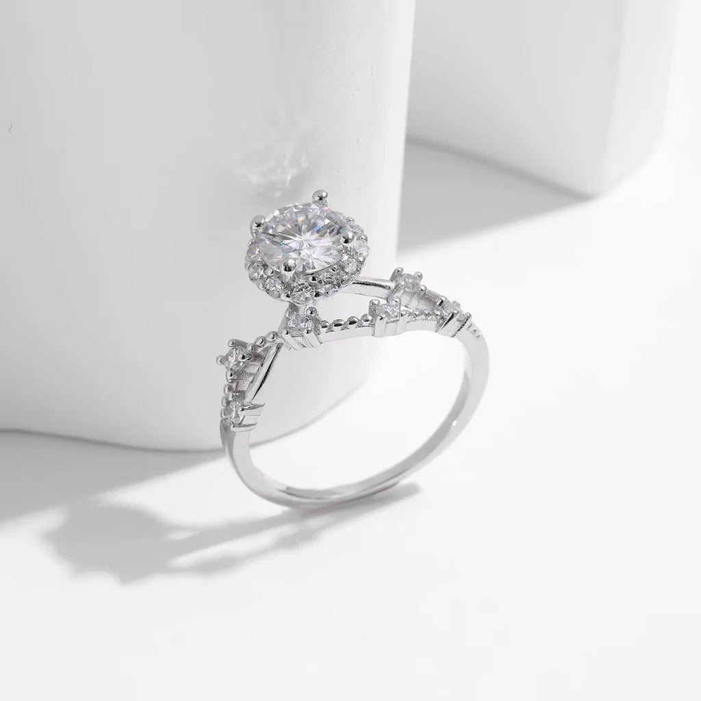 Moissanite Halo Ring with Lab Diamond Crown in 925 Sterling Silver