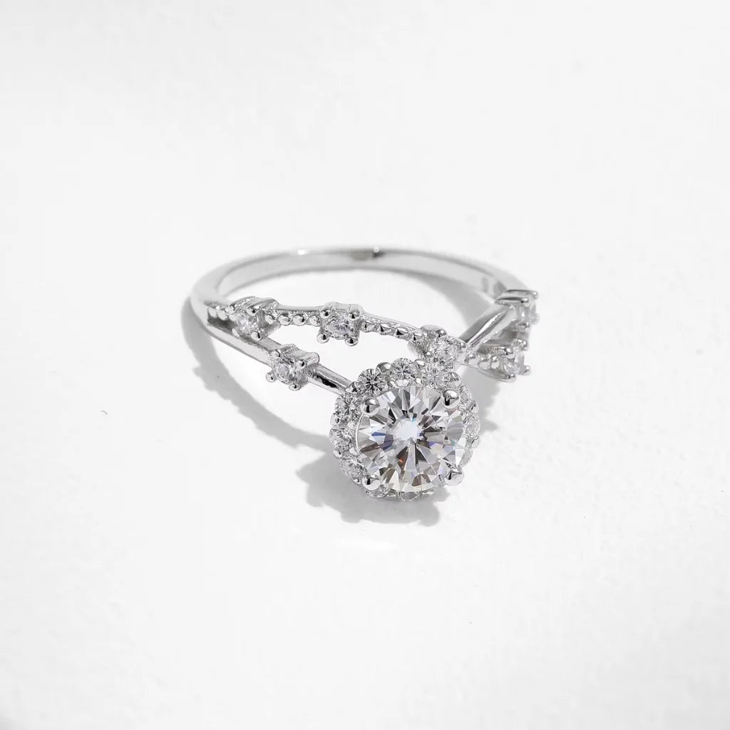 Moissanite Halo Ring with Lab Diamond Crown in 925 Sterling Silver