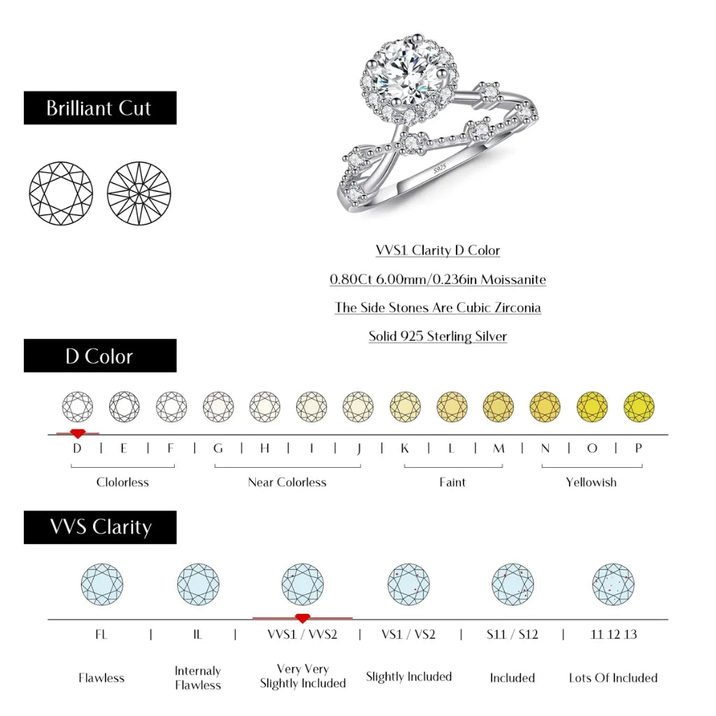 Moissanite Halo Ring with Lab Diamond Crown in 925 Sterling Silver