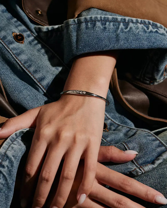 Moissanite Cuff Bracelet in 925 Sterling Silver - worn on the wrist