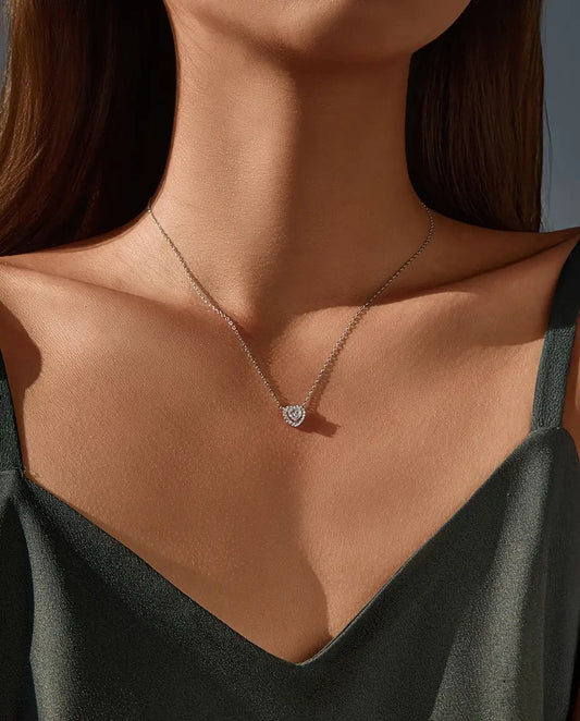 Moissanite heart necklace in 925 sterling silver, D colour heart-cut halo pendant for women