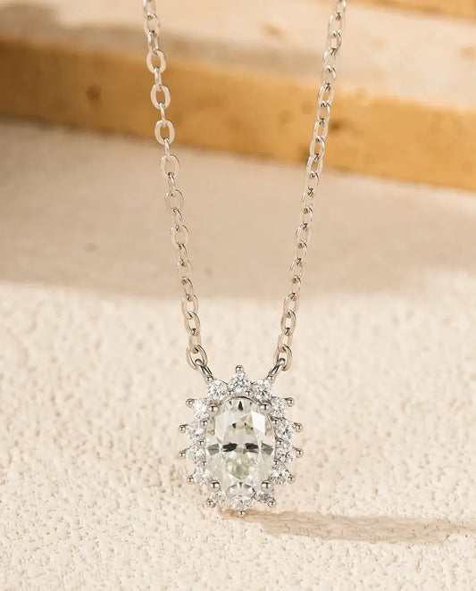 Moissanite Oval Halo Necklace – 1ct Pendant in 925 Sterling Silver, D Colour VVS1 Wedding