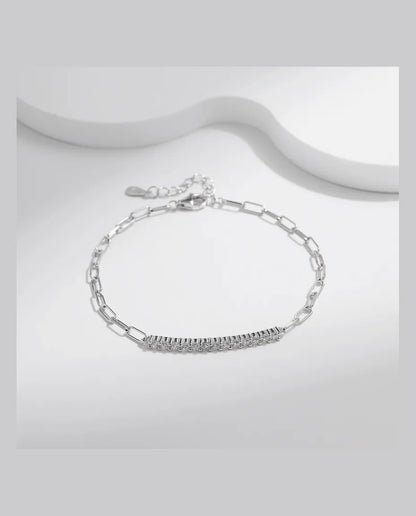 Moissanite pave bar bracelet on paperclip chain in 925 sterling silver
