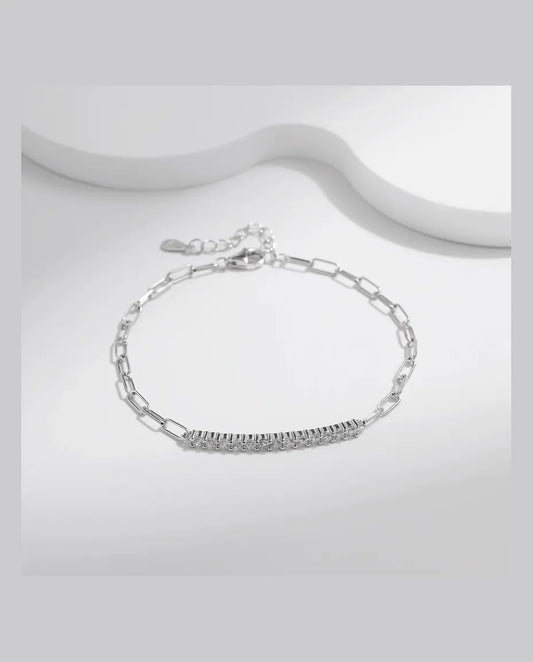 Moissanite pave bar bracelet on paperclip chain in 925 sterling silver