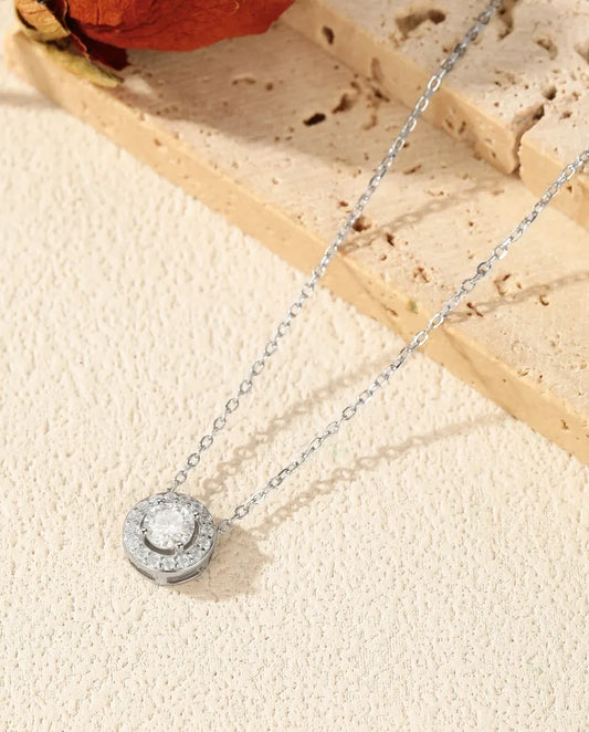 Moissanite Halo Necklace – 0.5ct D Colour Round Pendant with Pavé Halo in 925 Sterling Silver