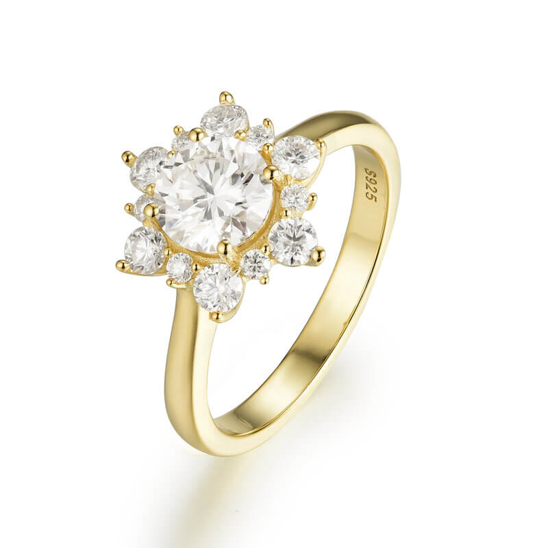 Moissanite Snowflake Ring Sterling Silver with Yellow Gold Plated