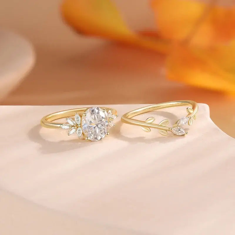 Moissanite Wedding Ring Set Oval Shaped 18K Yellow Gold