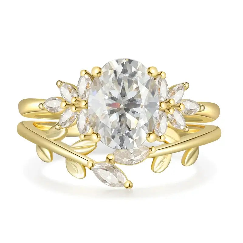 Moissanite Wedding Ring Set Oval Shaped 18K Yellow Gold