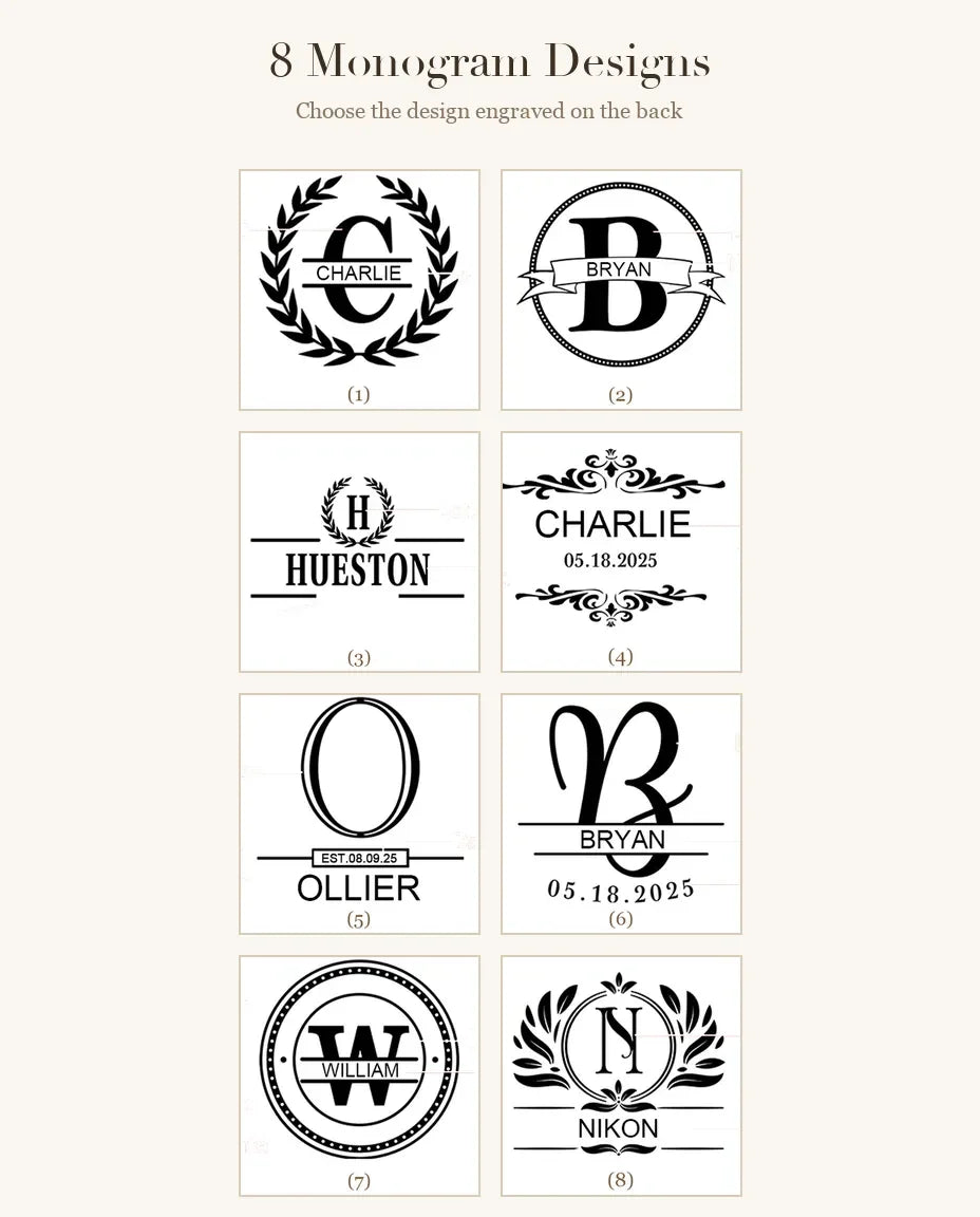 8 monogram design options for the engraved back