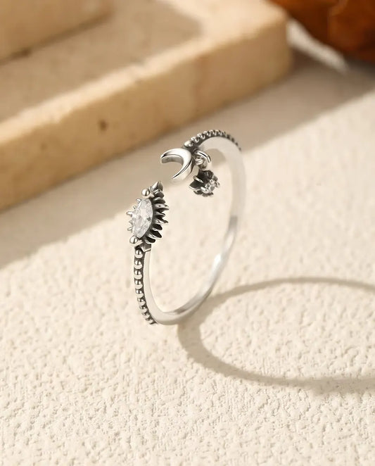 Moon and star open ring in oxidised 925 sterling silver