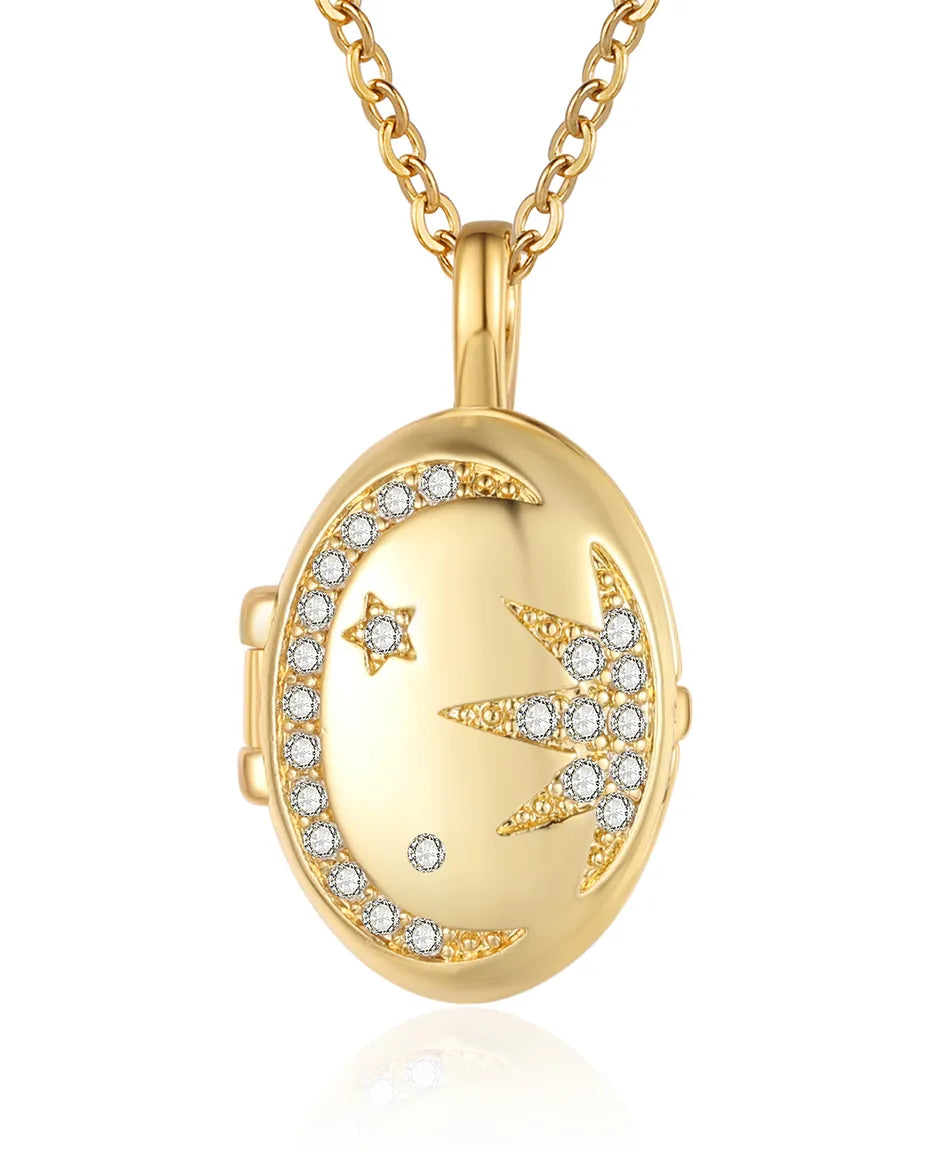 Personalised moon and star oval photo locket necklace holding two pictures, gold