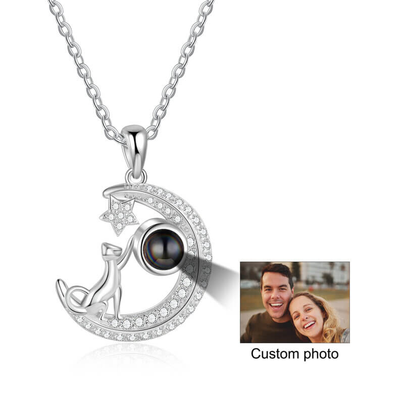 Photo Projection Necklace Moon and Star Pendant with Cat