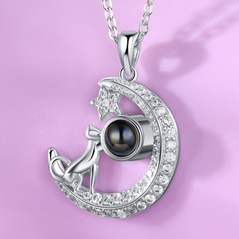 Photo Projection Necklace Moon and Star Pendant with Cat