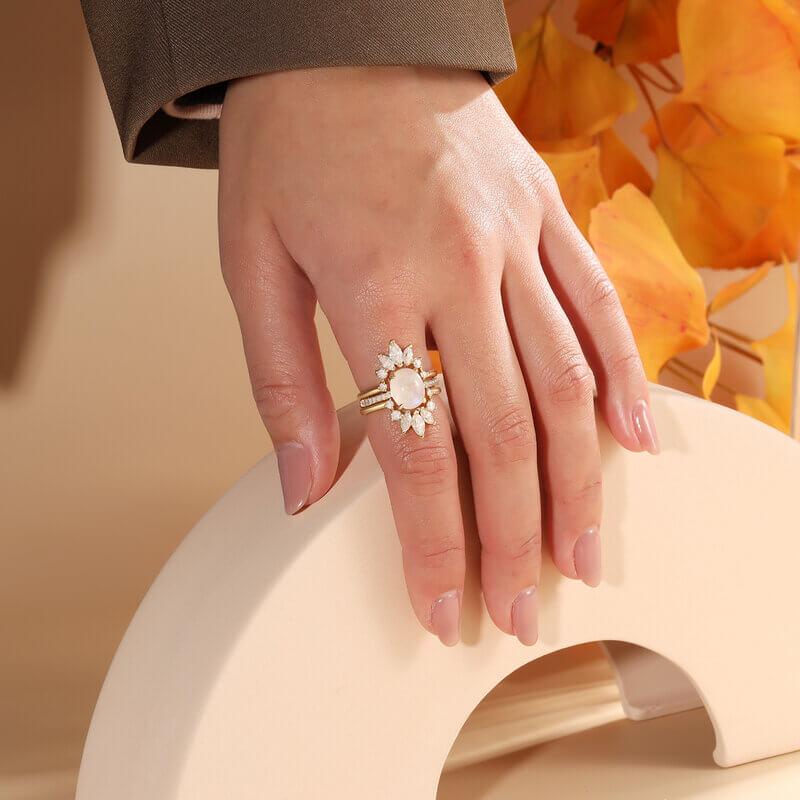 Moonstone Ring Engagement Ring Set Oval Shaped