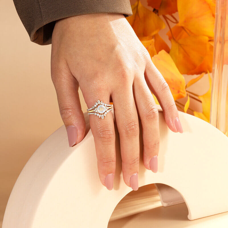 Moonstone Ring Engagement Ring Set Round Shaped