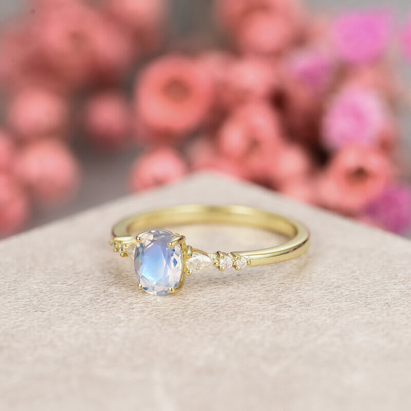 Moonstone Ring Oval Cut Sterling Silver Yellow Gold