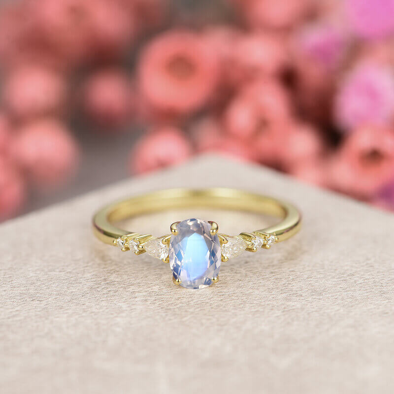 Moonstone Ring Oval Cut Sterling Silver Yellow Gold