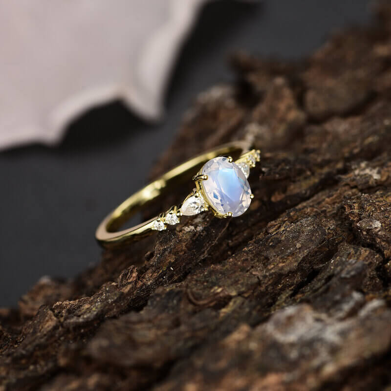 Moonstone Ring Oval Cut Sterling Silver Yellow Gold