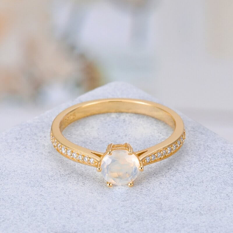 Moonstone Ring Round Cut Sterling Silver Yellow Gold