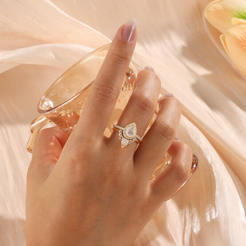 Moonstone Ring Engagement Ring Set Pear Cut