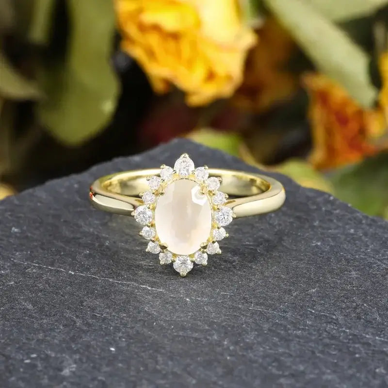 Moonstone Wedding Ring Oval Shaped with Moissanite Sterling Silver